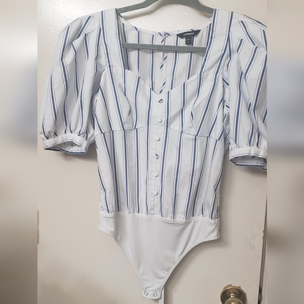 White w/blue stripes bodysuit.